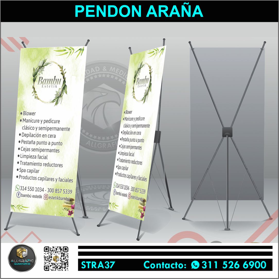 Pendon con estructura araña Modelo: Estandar Material: PVC Acabado: Retraible Medidas: 200x100cm (1x2mts)