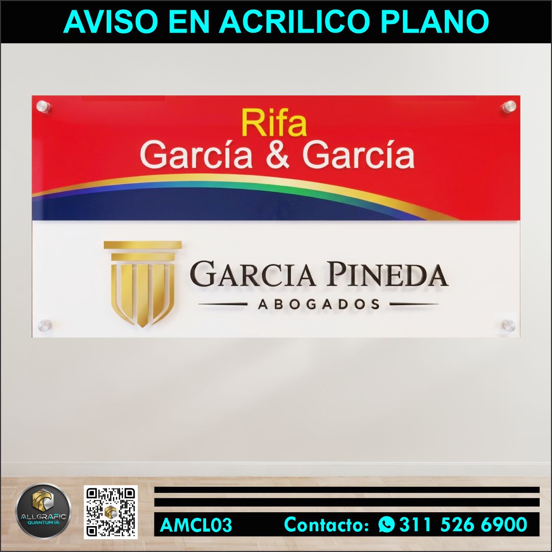 Aviso en Acrilico Plano -Medidas: 150x80cm -Incluye: Diseño grafico -Material: Acrílico 100% original fundido (Cast Acrylic) de primera calidad. -Espesores Disponibles: Desde 3mm, 4mm, 5mm hasta 10mm (según el nivel de robustez y rigidez que desees). -Acabado del Acrílico Base: Cristalino transparente, blanco opal, negro brillante o colores especiales bajo pedido. -Técnica de Personalización: Rotulación en vinilo de alta adherencia, impresión directa UV de alta fidelidad o apliques superpuestos para sutil relieve. -Sistema de Anclaje: Incluye perforaciones perimetrales listas para instalación con dilatadores de acero (opcional).