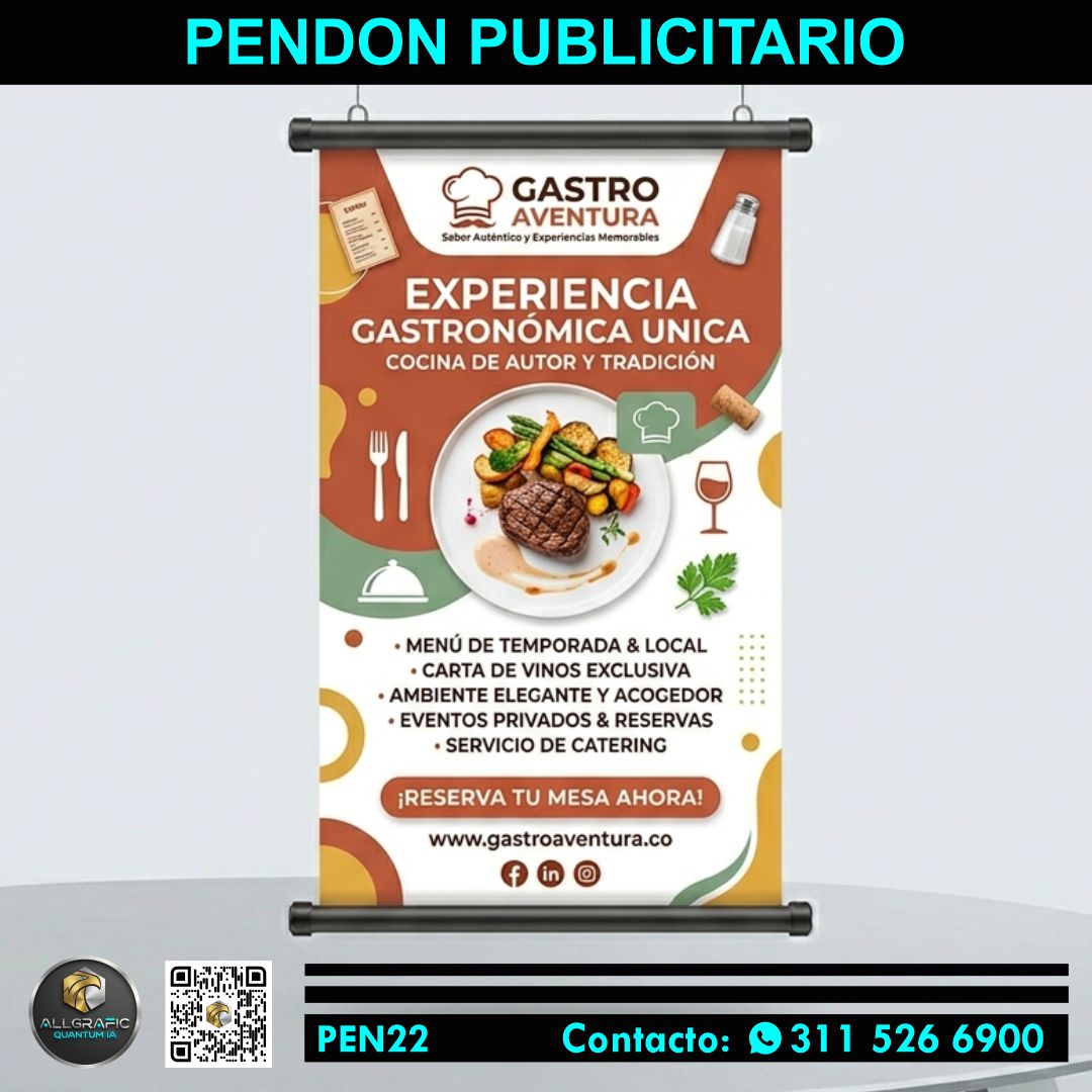 Pendon a full color resitente a la intemperie. Material: Lona Banner Vinílica Acabado: Brillante o Mate Medidas: 70x100cm