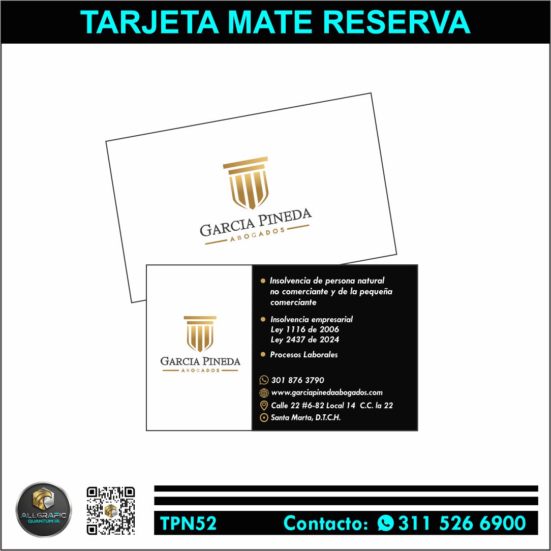 Tarjetas Mate con Reserva UV, impresión a full color de ambas caras Cantidad: 1.000 tarjetas, Medidas 9x5,5cm
